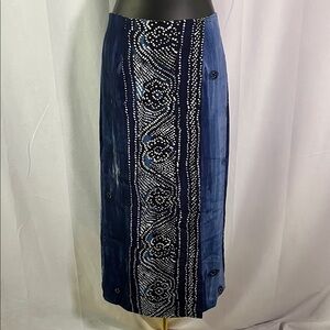Vintage City Girl by Nancy Bolen Blue Batik Print Faux Wrap Midi Skirt